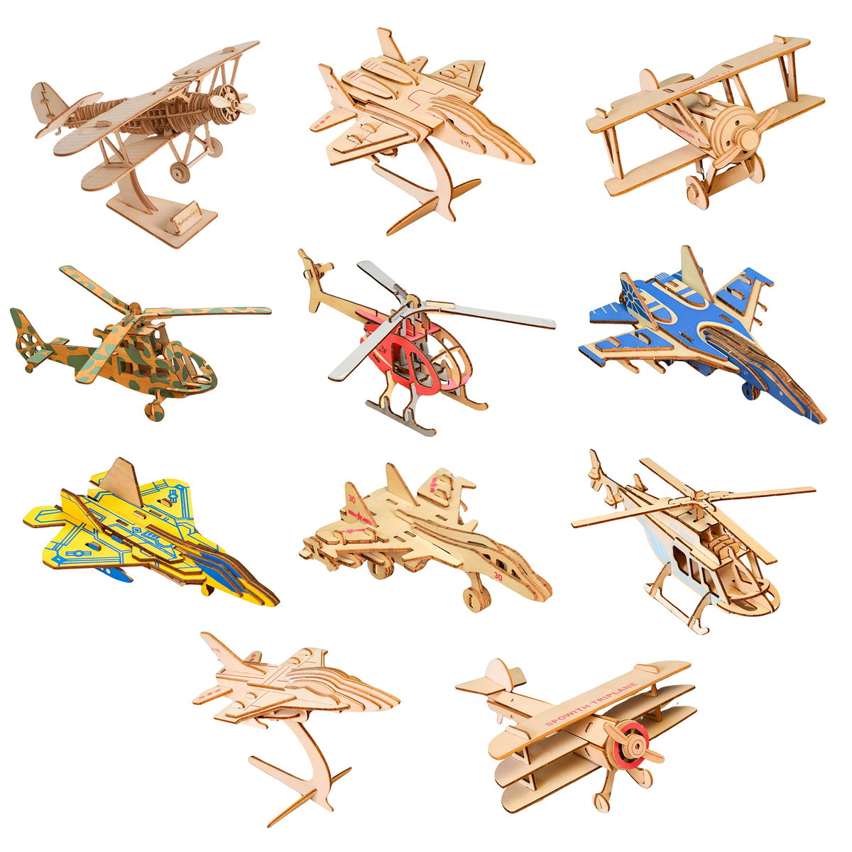Collection of wooden model airplanes and helicopters on a white background