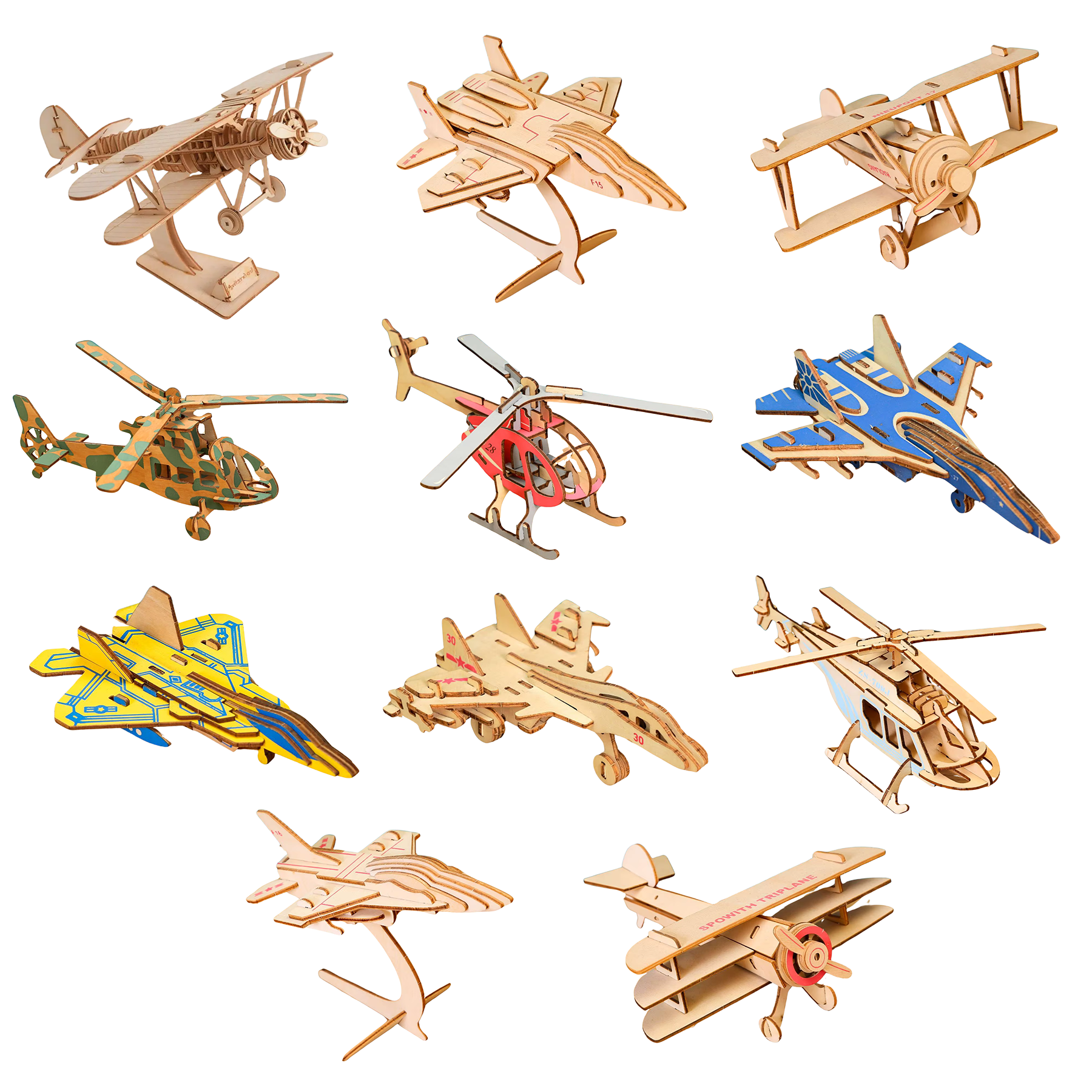 Collection of wooden model airplanes and helicopters on a white background